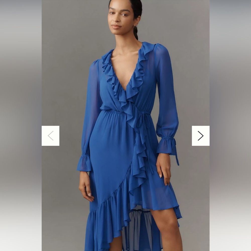 Anthropologie Long-Sleeve Ruffled Asymmetric Midi Dress Romantic Ruffled Dress S